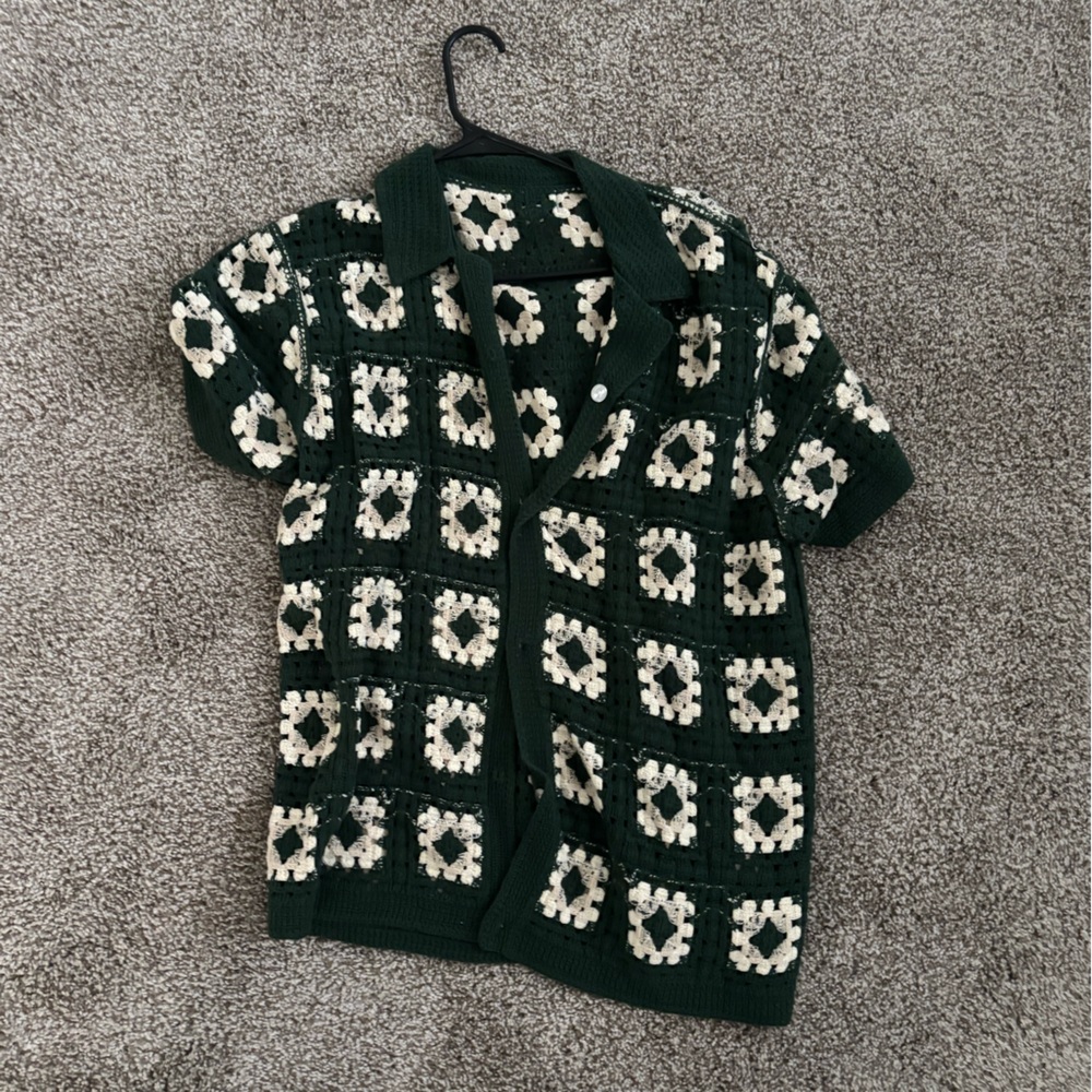 Green and White Crochet Cardigan
